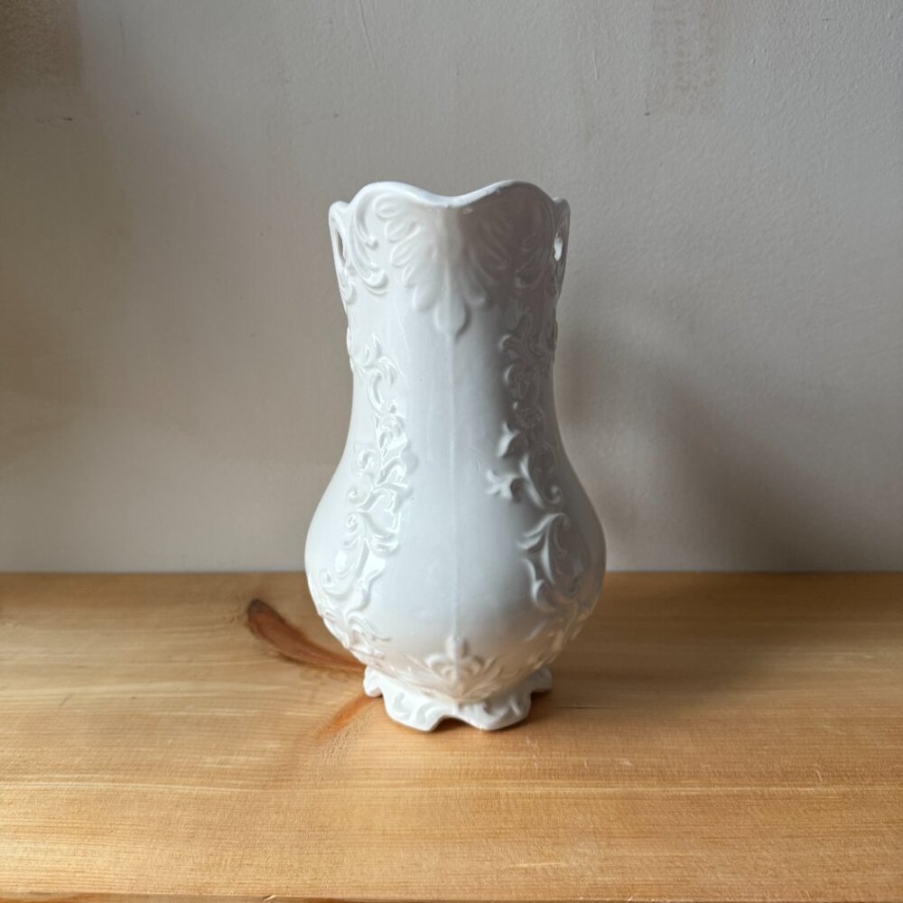 Vintage White Porcelain Pitcher | Ornate Embossed Floral | French Country - Picture 2 of 5